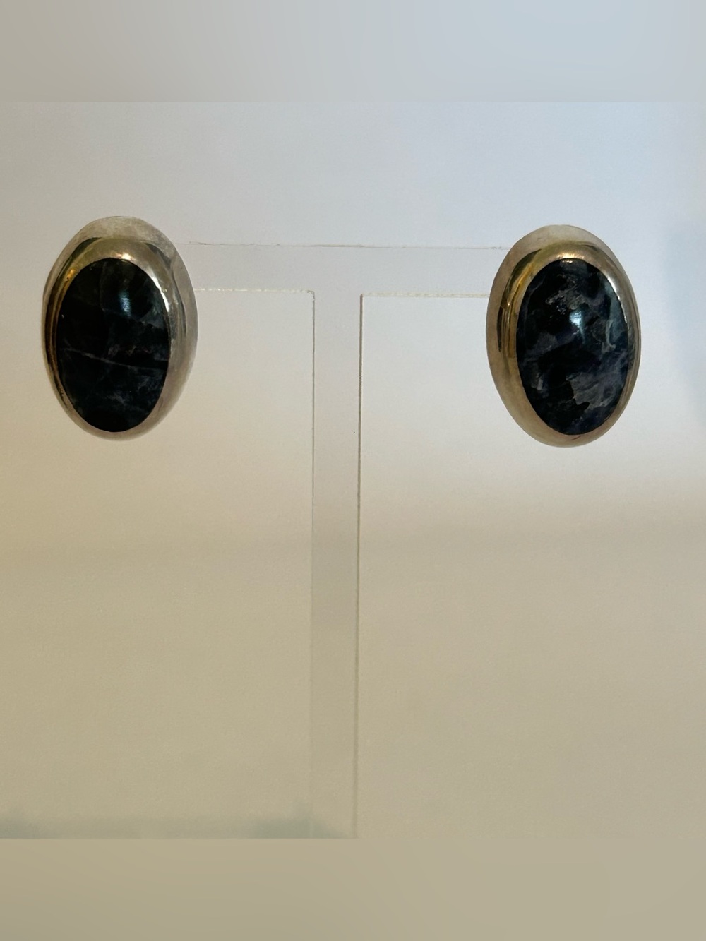 Oval Sodalite Stud Earrings Sterling Silver Marked Mexico